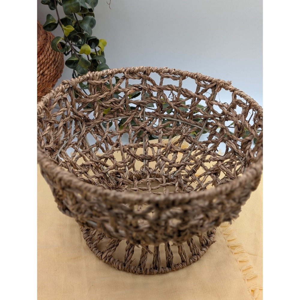 Wicker Pedestal Fruit Basket Bowl with Wire Frame, Boho Farmhouse Centerpiece...